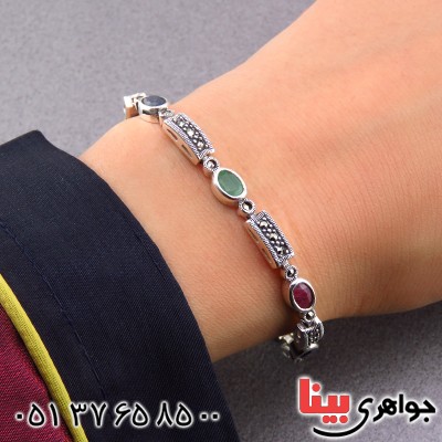 دستبند چند جواهر یاقوت و زمرد زنانه سنگین درجه یک _کد:13519