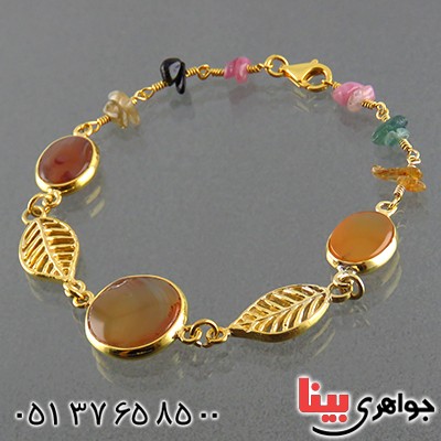 دستبند چند جواهر عقیق یمنی و تورمالین زنانه درشت طرح برگ ریزان _کد:13529