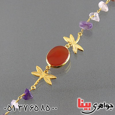 دستبند چند جواهر عقیق یمنی و آمتیست درشت زنانه طرح سنجاقک _کد:13545