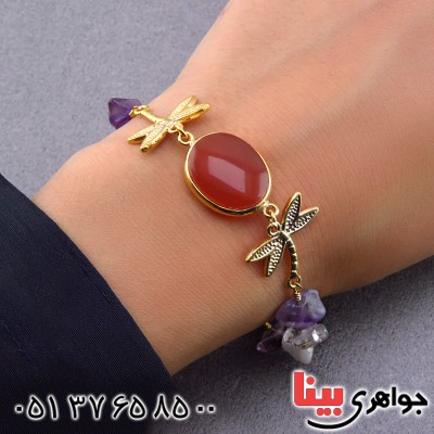 دستبند چند جواهر عقیق یمنی و آمتیست درشت زنانه طرح سنجاقک _کد:13545