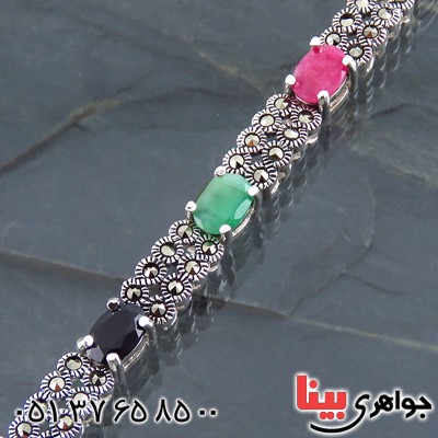 دستبند چند جواهر یاقوت و زمرد زنانه سنگین هانگ درجه یک _کد:13552