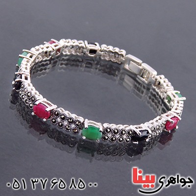دستبند چند جواهر یاقوت و زمرد زنانه سنگین هانگ درجه یک _کد:13552