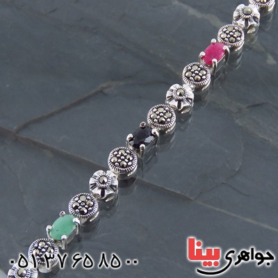 دستبند چند جواهر یاقوت و زمرد زنانه سنگین درجه یک _کد:13587