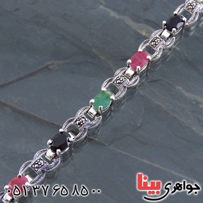 دستبند چند جواهر یاقوت و زمرد زنانه سنگین درجه یک _کد:13596
