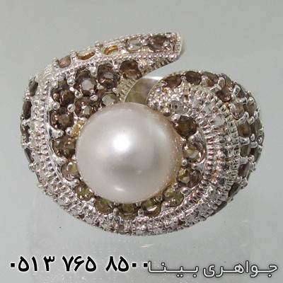انگشتر چند جواهر مروارید و کوارتز دودی