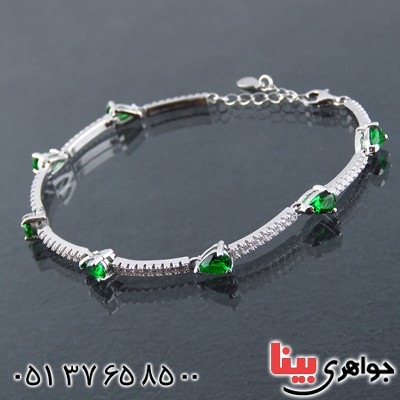 دستبند نقره زنانه رودیوم نگین اشکی سبز زمردی _کد:13641