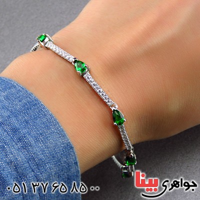 دستبند نقره زنانه رودیوم نگین اشکی سبز زمردی _کد:13641