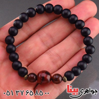 دستبند عقیق سیاه (اونیکس) و عقیق قرمز مهره ای _کد:13663