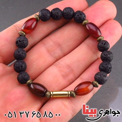 دستبند عقیق قرمز دانه هلی و سنگ آتشفشان _کد:13668