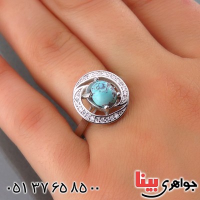 انگشتر فیروزه نیشابوری زنانه رودیوم  مدل موج _کد:13709