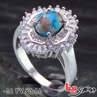 انگشتر فیروزه نیشابوری زنانه رودیوم  مدل فانتزی _کد:13716