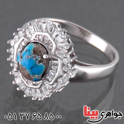 انگشتر فیروزه نیشابوری زنانه رودیوم  مدل فانتزی _کد:13716