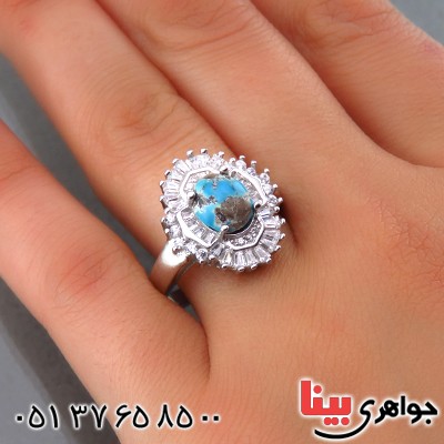 انگشتر فیروزه نیشابوری زنانه رودیوم  مدل فانتزی _کد:13716