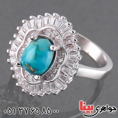 انگشتر فیروزه نیشابوری زنانه رودیوم مدل شقایق _کد:13726