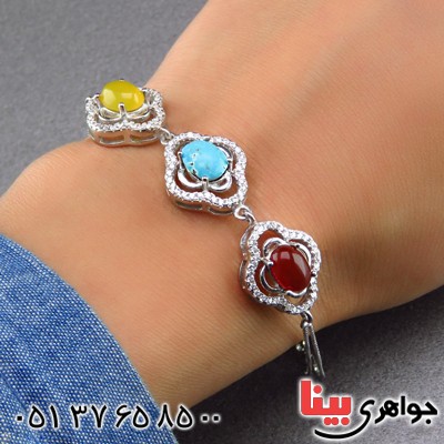 دستبند چند جواهر فیروزه نیشابوری و عقیق میکروستینگ زنانه مدل گل _کد:13738