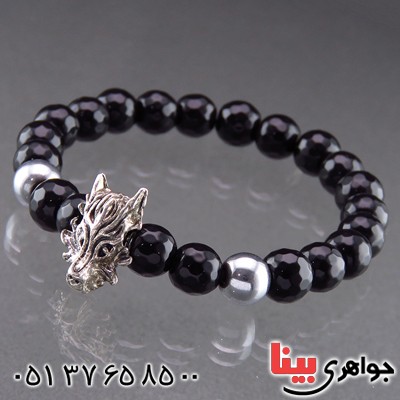دستبند چند جواهر عقیق سیاه و حدید با تزیین گرگ _کد:13753