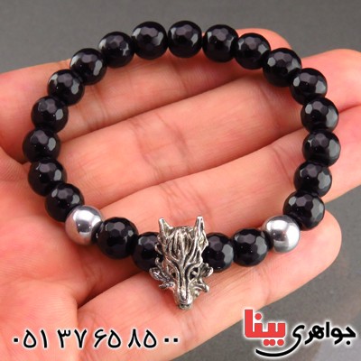 دستبند چند جواهر عقیق سیاه و حدید با تزیین گرگ _کد:13753