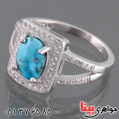 انگشتر فیروزه نیشابوری زنانه رودیوم مدل مستطیلی _کد:13762