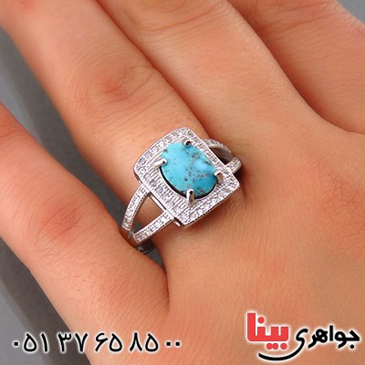 انگشتر فیروزه نیشابوری زنانه رودیوم مدل مستطیلی _کد:13762