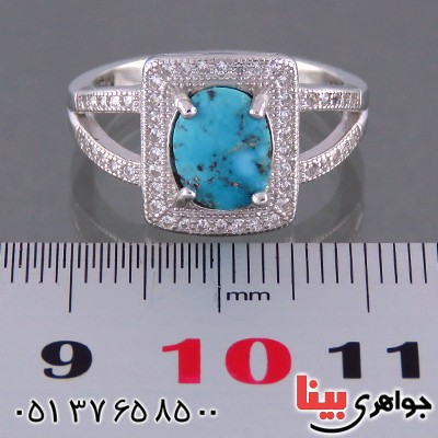 انگشتر فیروزه نیشابوری زنانه رودیوم مدل مستطیلی _کد:13762