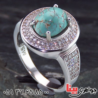 انگشتر فیروزه نیشابوری زنانه رودیوم  مدل شیلا _کد:13783