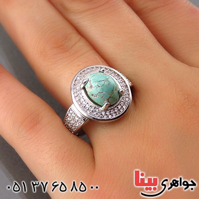 انگشتر فیروزه نیشابوری زنانه رودیوم  مدل شیلا _کد:13783