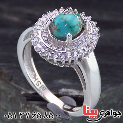 انگشتر فیروزه نیشابوری زنانه رودیوم  مدل کمند _کد:13786