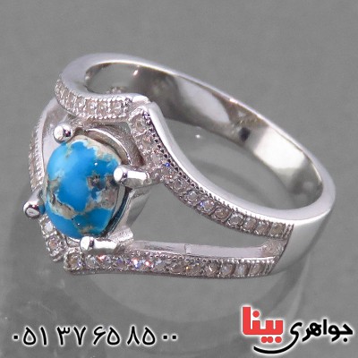 انگشتر فیروزه نیشابوری شجری زنانه رودیوم مدل فریما _کد:13848