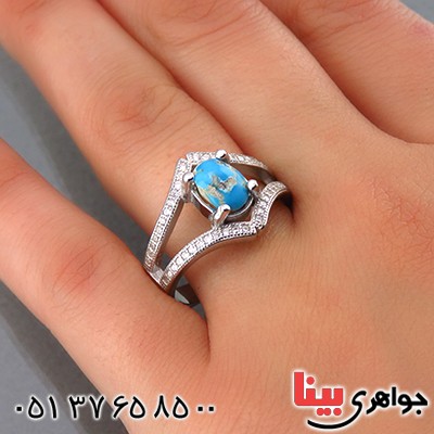 انگشتر فیروزه نیشابوری شجری زنانه رودیوم مدل فریما _کد:13848
