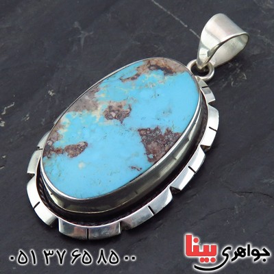 گردنبند فیروزه نیشابوری خوش رنگ درشت طرح هنری با حرز امام جواد (ع) _کد:13869