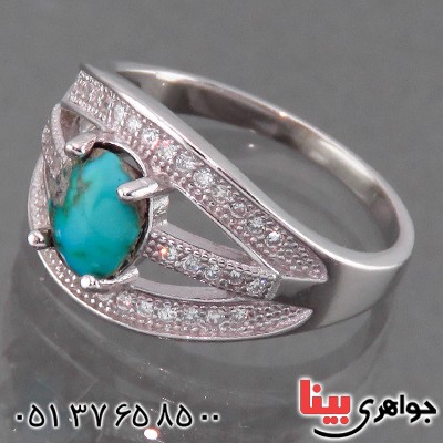انگشتر فیروزه نیشابوری زنانه رودیوم مدل سما _کد:13872