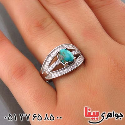 انگشتر فیروزه نیشابوری زنانه رودیوم مدل سما _کد:13872