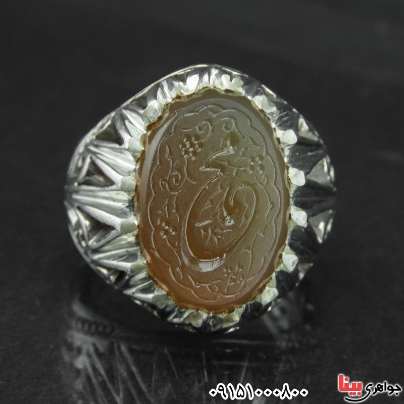 انگشتر عقیق یمنی شکلاتی مردانه درشت حکاکی گود محمد (ص) _کد:13882
