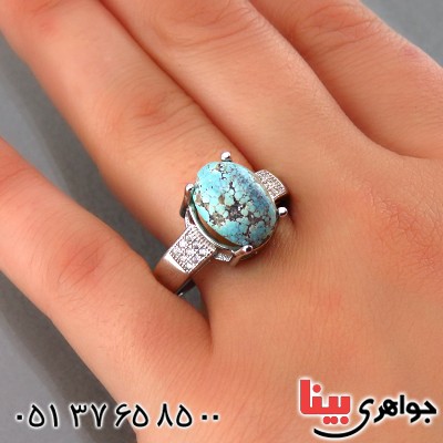 انگشتر فیروزه نیشابوری شجری زنانه رودیوم مدل کلاسیک _کد:13919
