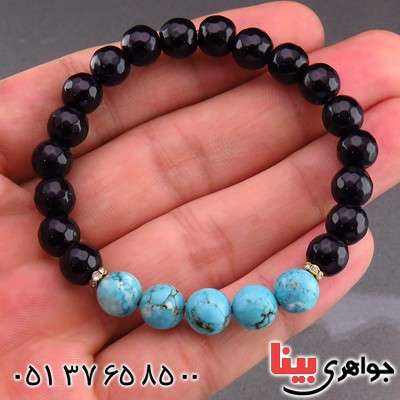 دستبند عقیق سیاه (اونیکس) تراش دار و فیروزه خوشرنگ _کد:13932