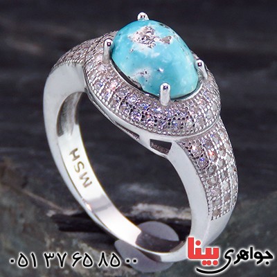 انگشتر فیروزه نیشابوری زنانه رودیوم مدل دینا _کد:13939
