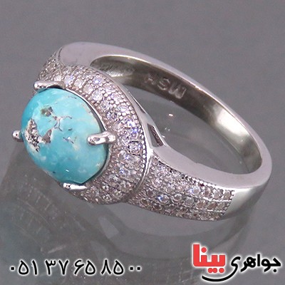 انگشتر فیروزه نیشابوری زنانه رودیوم مدل دینا _کد:13939