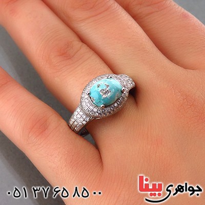 انگشتر فیروزه نیشابوری زنانه رودیوم مدل دینا _کد:13939