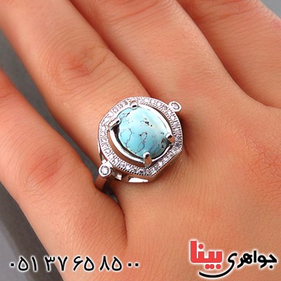 انگشتر فیروزه نیشابوری زنانه رودیوم مدل شیوا _کد:14025