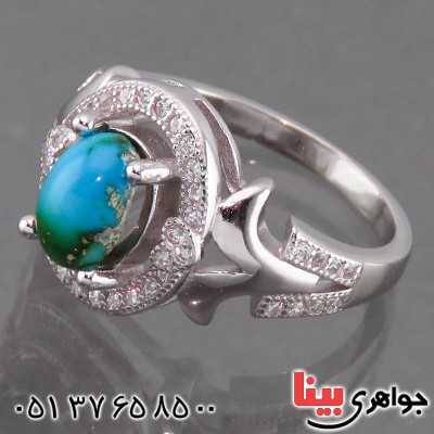 انگشتر فیروزه نیشابوری شجری زنانه رودیوم مدل فانتزی _کد:14059