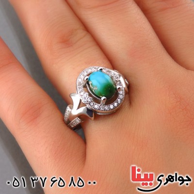 انگشتر فیروزه نیشابوری شجری زنانه رودیوم مدل فانتزی _کد:14059