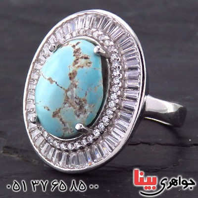 انگشتر فیروزه نیشابوری شجری درشت زنانه رودیوم _کد:14133