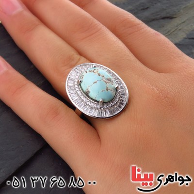 انگشتر فیروزه نیشابوری شجری درشت زنانه رودیوم _کد:14133
