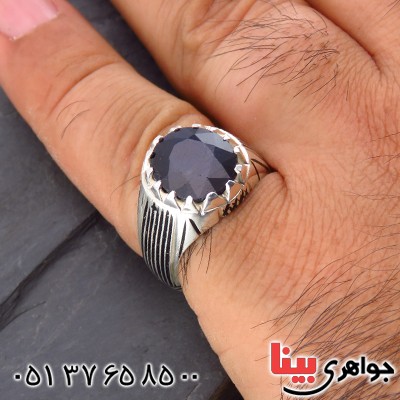 انگشتر یاقوت کبود مردانه عالی کلاسیک شیاردار _کد:14135