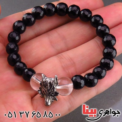 دستبند عقیق سیاه (اونیکس) تراش دار و دُر مهره ای _کد:14155