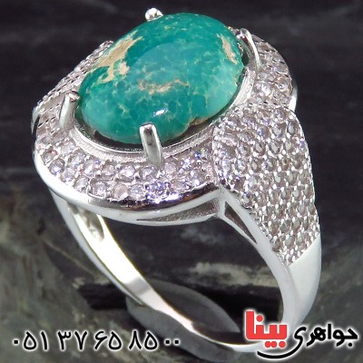 انگشتر فیروزه نیشابوری شجری زنانه رودیوم خوشرنگ _کد:14193