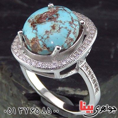 انگشتر فیروزه نیشابوری شجری زنانه رودیوم خوشرنگ _کد:14224