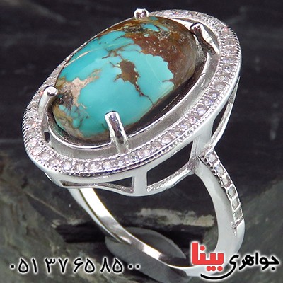 انگشتر فیروزه نیشابوری شجری زنانه رودیوم خوش نقش _کد:14232