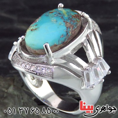 انگشتر فیروزه نیشابوری شجری درشت زنانه رودیوم _کد:14260