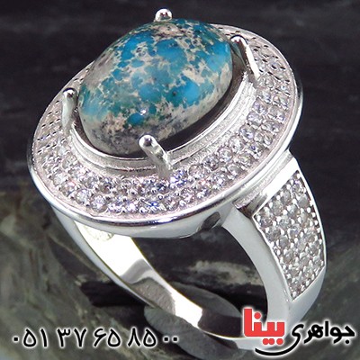 انگشتر فیروزه نیشابوری شجری درشت زنانه رودیوم _کد:14273